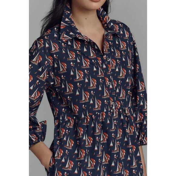 Anthropologie Maeve Bettina Sailboat Cotton Shirt Dress Size XXS - Picture 3 of 11